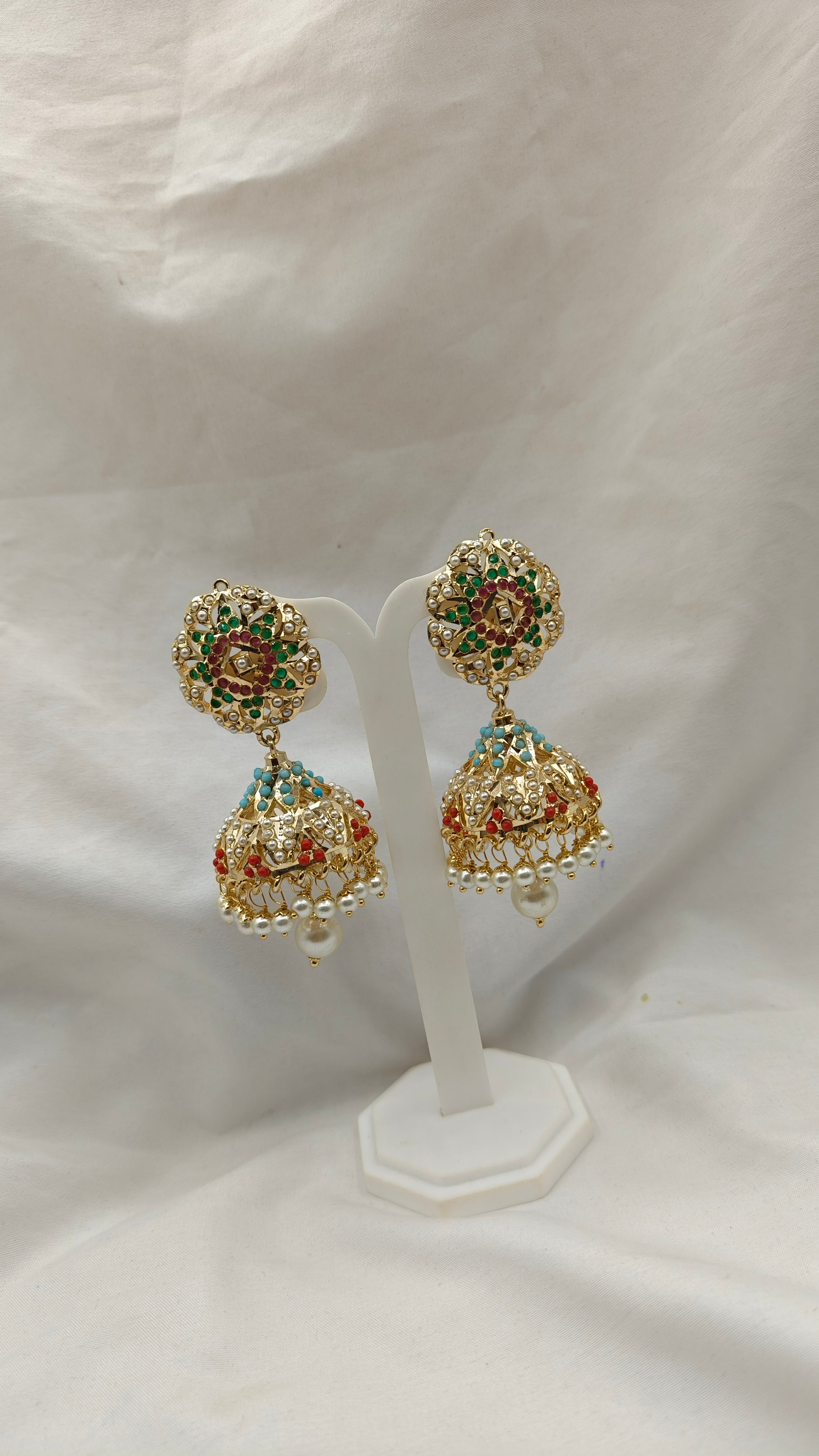 Multicolor Marvel Navratan Gold Polished Jhumka