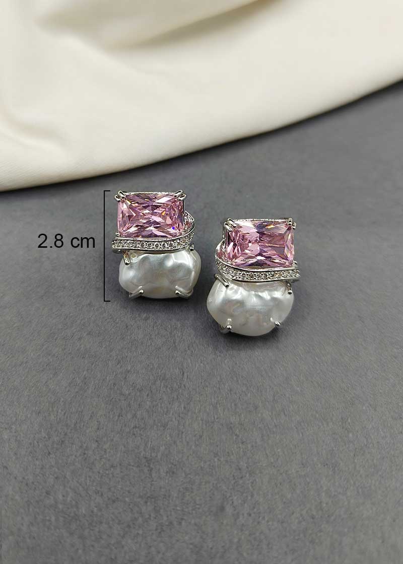 Cubic Zircon Light Pink Stone Pearl Earring