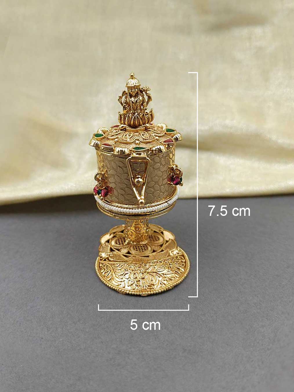 Lakshmi Design Red and Green Stone Gold Plated Kumkum Box / Sindoor Box