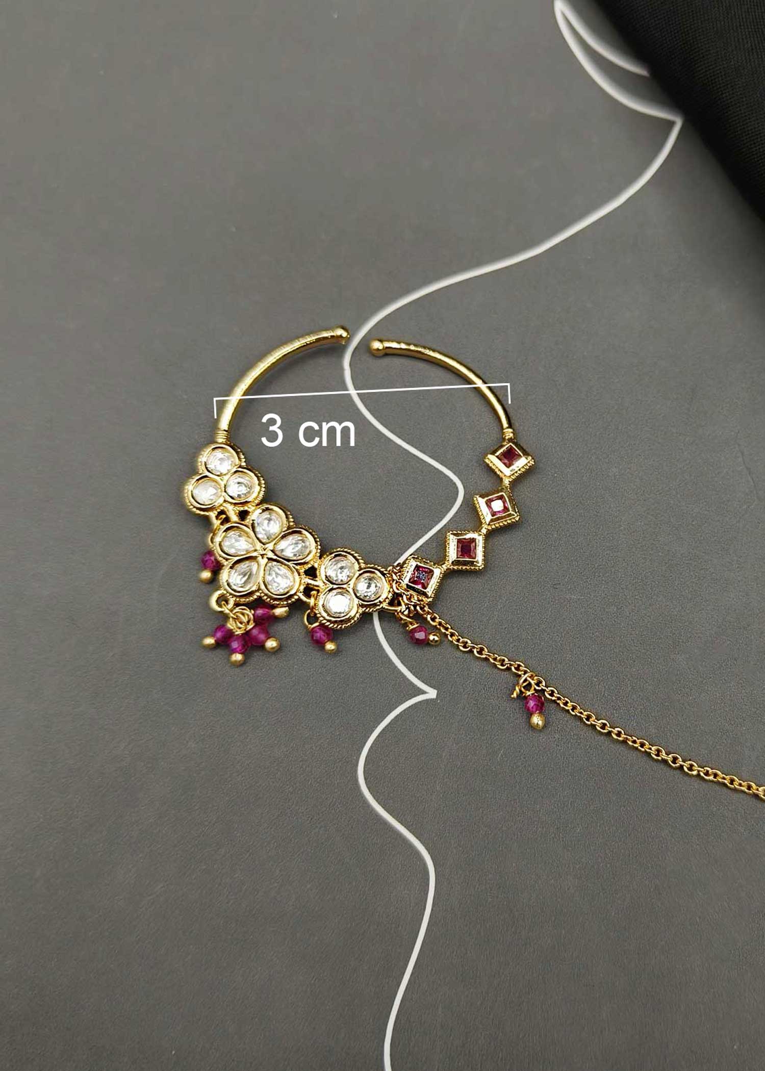 Flower Design Kundan Ruby Beads Gold Plated Nath With Chain