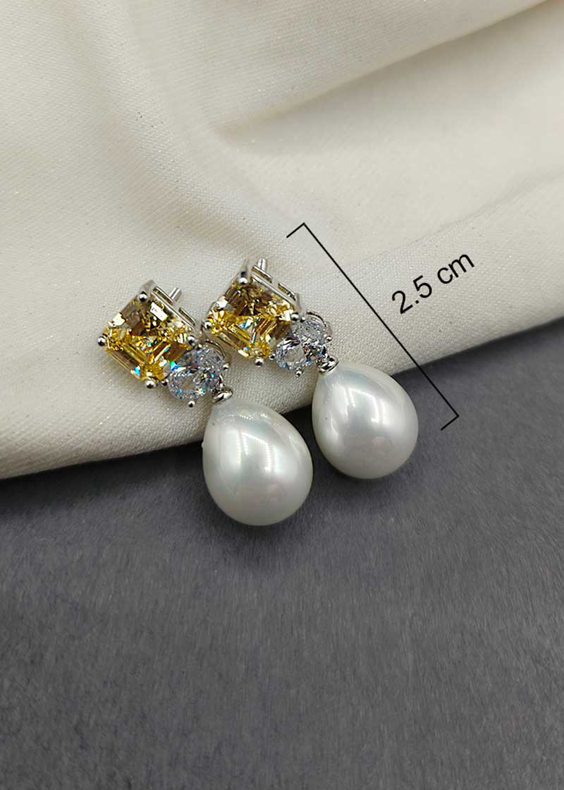 Cubic Zircon Yellow Hanging Pearl Earring