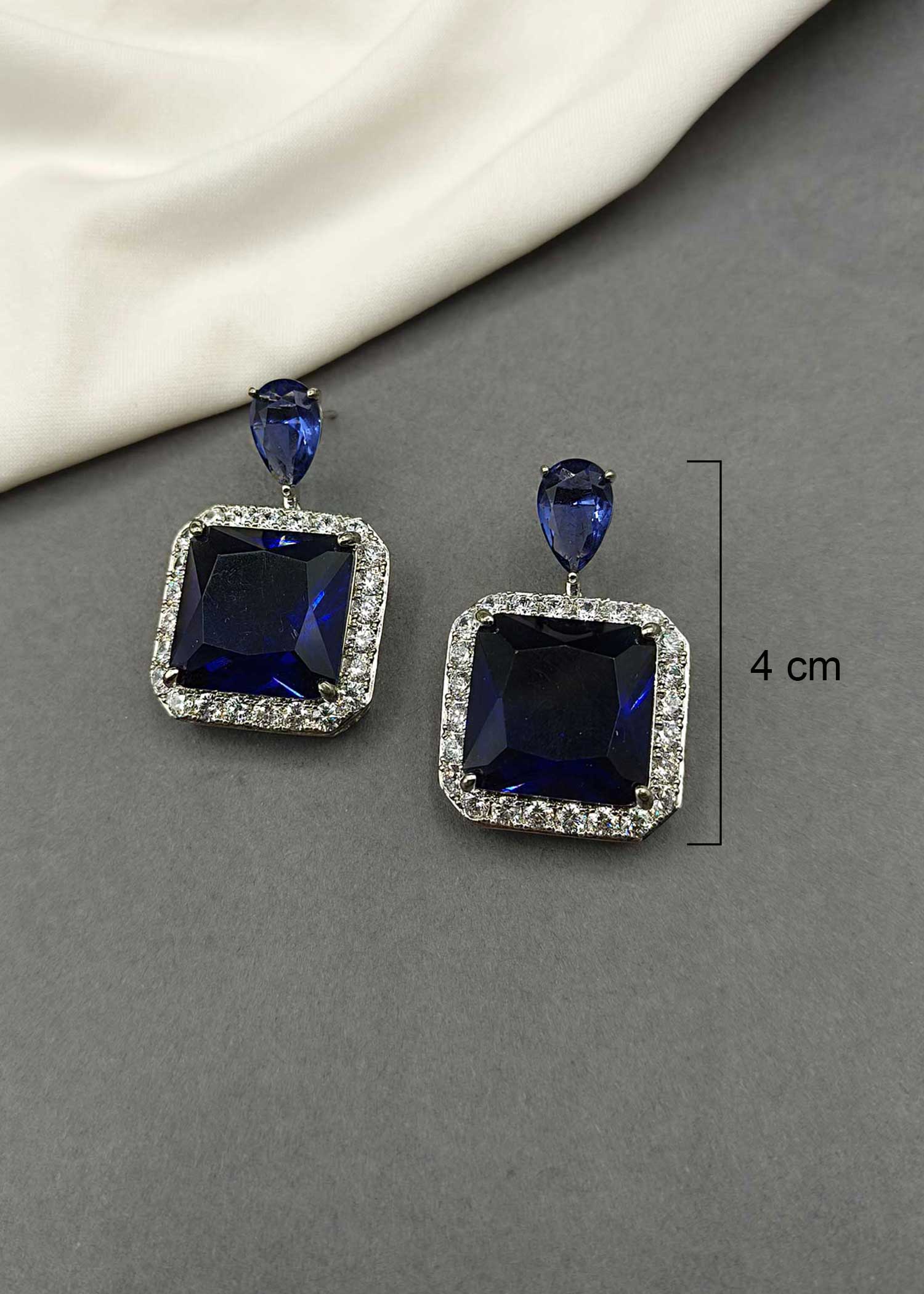 Cubic Zircon Big Sapphire Square Shape Stone Earring