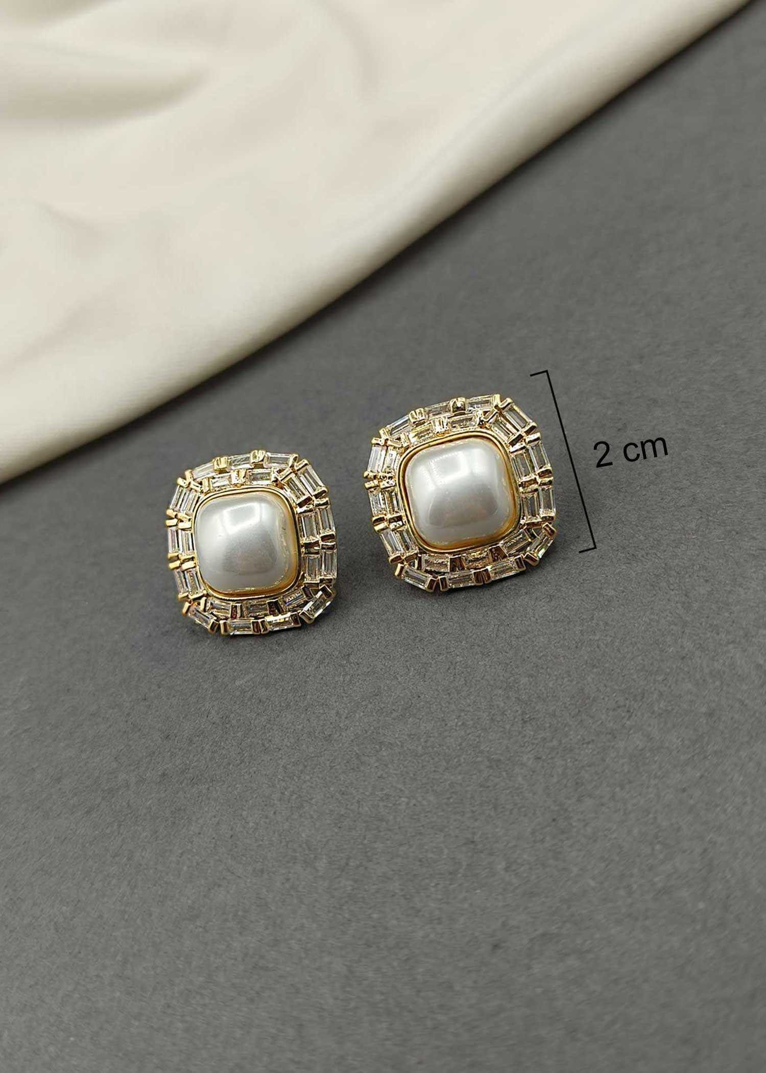 Square Shape Pearl Stud Small Earring