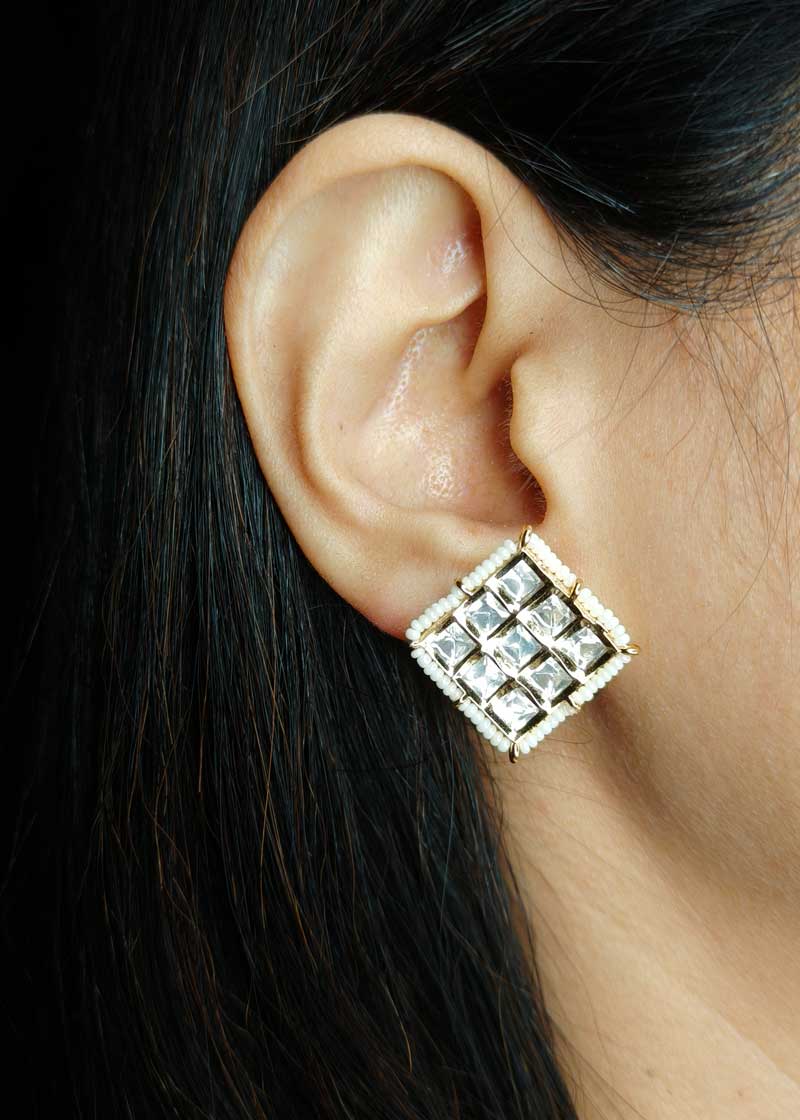 Modern Square Cut Kundan And Seed Pearl Gold Plated Pendant Set With Chain