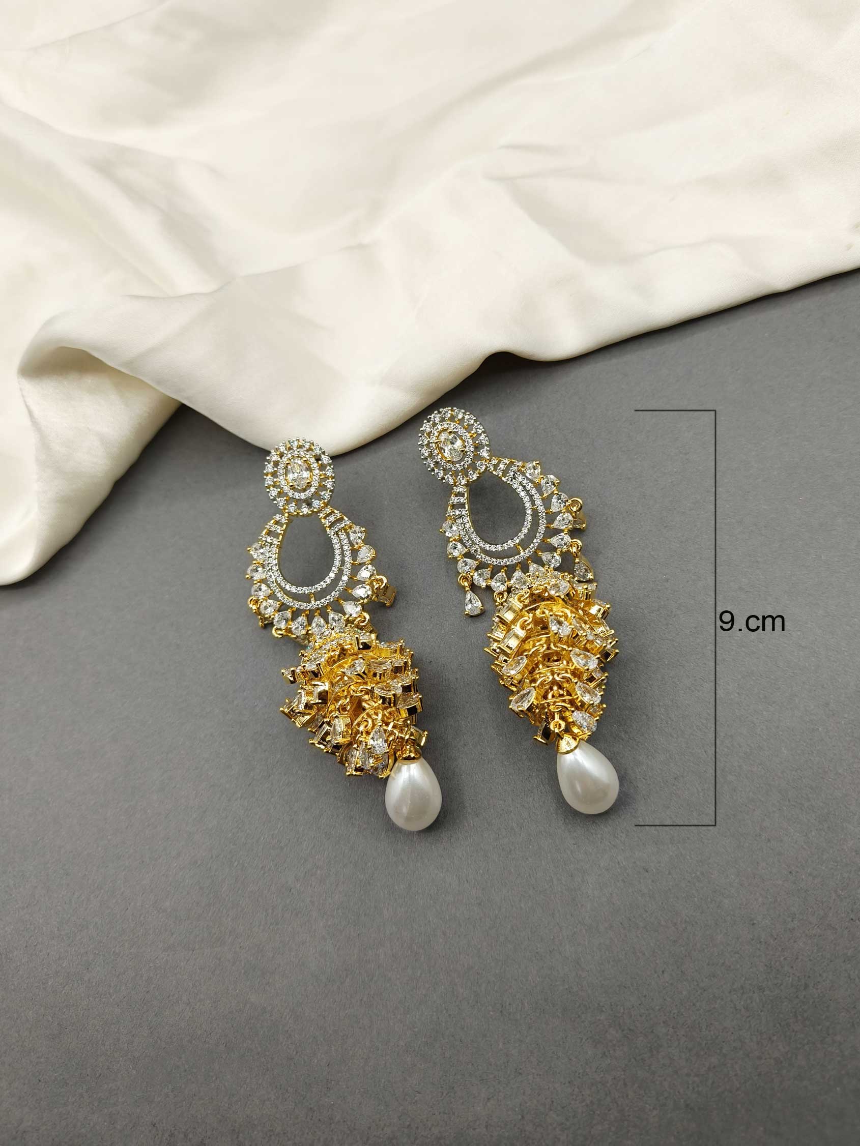 Gold-Silver Plated Cubic Zircon Drop Pearl Long Women Earring