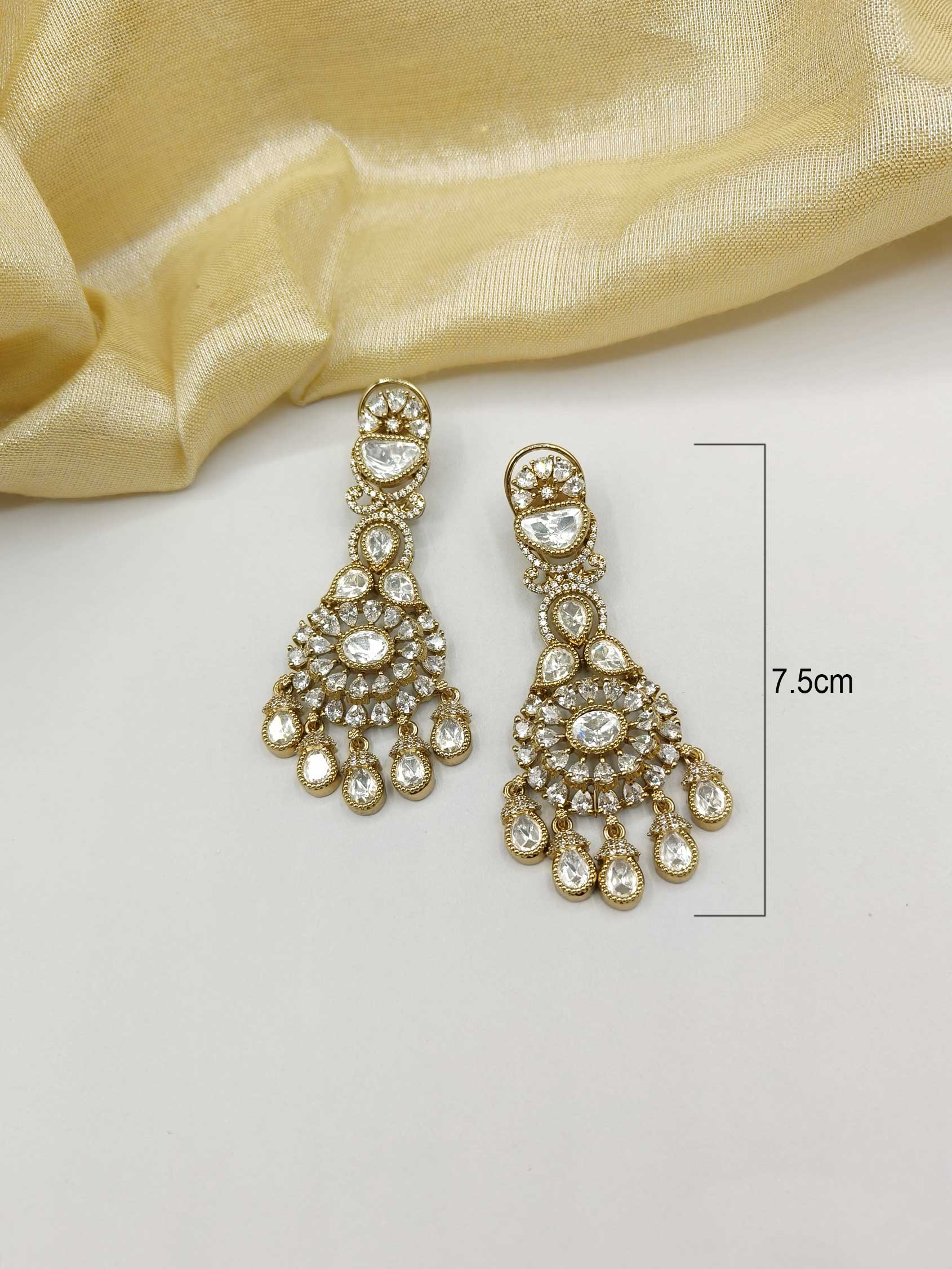 Antique-Gold Round Shape Kundan Drop Cubic Zircon Long Women Earring