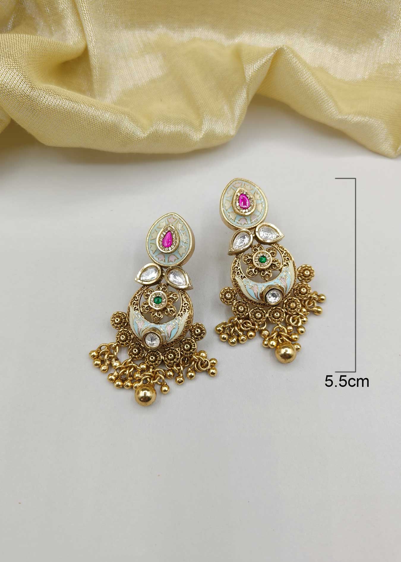 Cubic Zircon Meenakari Kundan Antique Gold Plated Chand Bali Women Earring